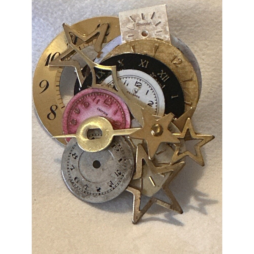 Vintage Steampunk Style Brooch Watch Parts Clocks Stars Gold Tone Statement Pin